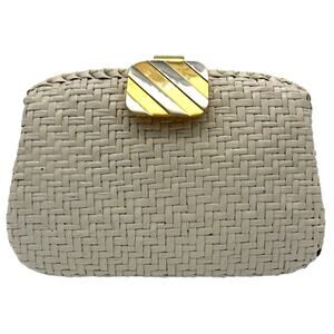 Rodo Italy Woven Cane Leather Box Clutch Ivory Gold Tone Vintage Bag